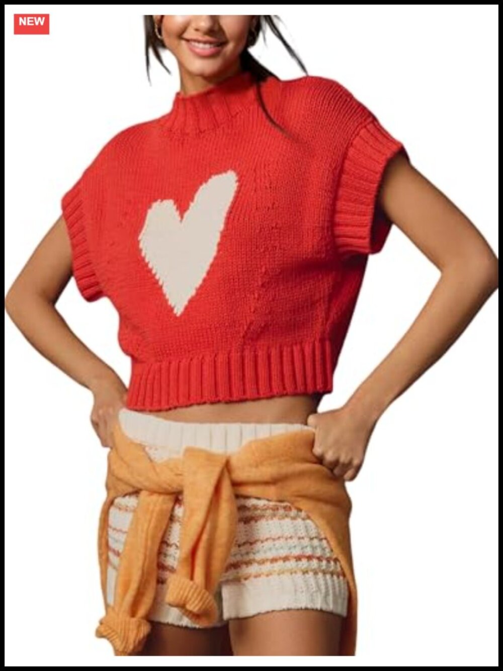 Women's Cropped Mock Neck Sweater Vest Cute Heart Knit Pullover Top